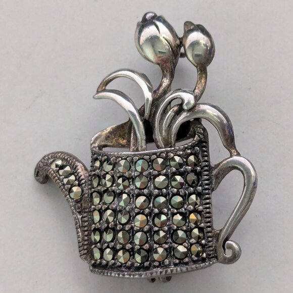 SD THAILAND 925 Sterling Silver Marcasite Watering Can Flower Pot Brooch Pin - Picture 1 of 3
